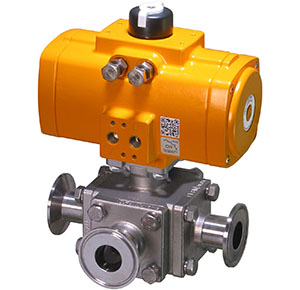 30D Series sanitary 3-way ball valve with rack and pinion double acting pneumatic actuator