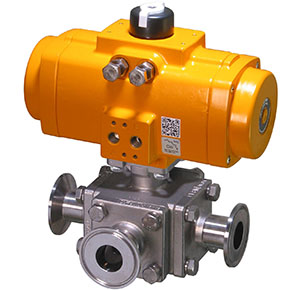 30D Series sanitary 3-way ball valve with rack and pinion spring return pneumatic actuator