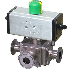 30D Series sanitary 3-way ball valve with dual scotch yoke double acting pneumatic actuator