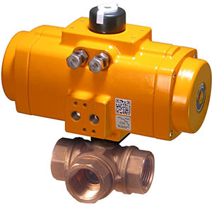 31D Series Brass 3-way ball valve with rack and pinion spring return pneumatic actuator