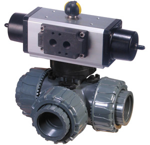 PTP Series PVC 3-way ball valve with dual scotch yoke spring return pneumatic actuator
