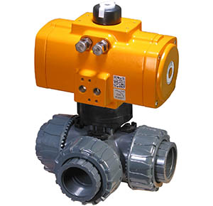 PTP Series PVC 3-way ball valve with rack and pinion double acting pneumatic actuator