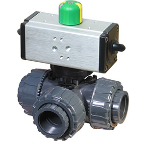 PTP Series PVC 3-way ball valve with dual scotch yoke double acting pneumatic actuator