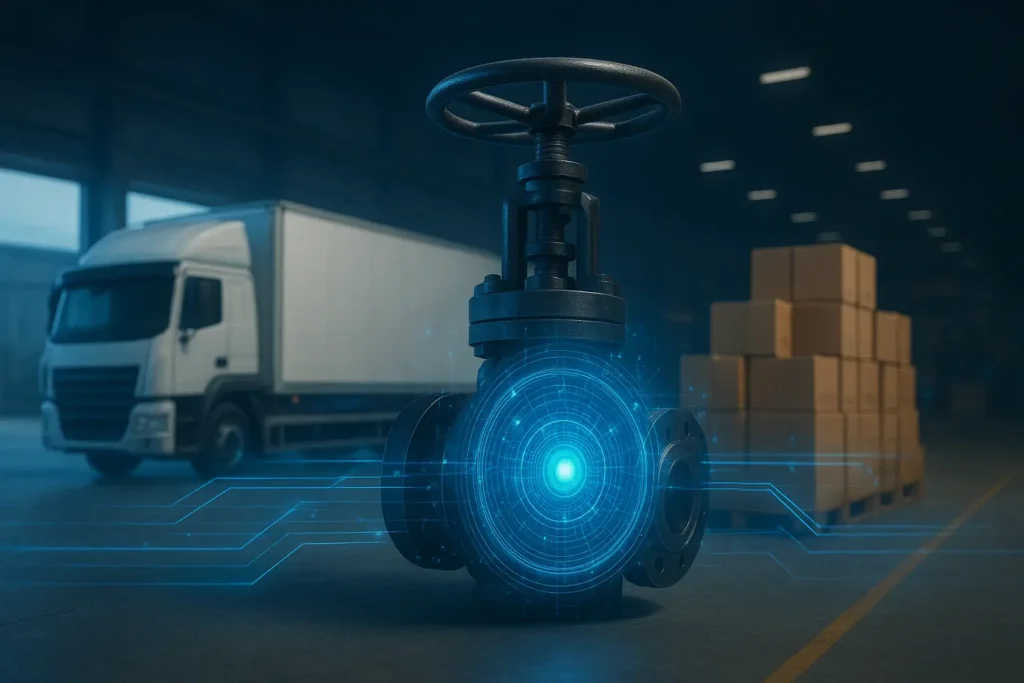depiction of a valve, boxes, and warehouse with faint blue lines to illustrate AI connectivity
